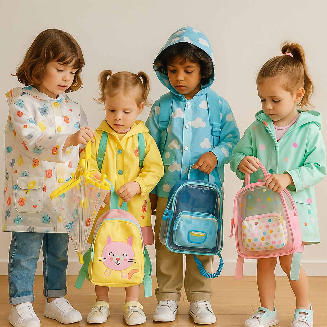 moda infantil 2026 acessórios e funcionalidade Quatro crianças brasileiras de diferentes idades e etnias estão em um ambiente interno iluminado por luz natural suave, vestindo capas de chuva coloridas com estampas divertidas e mochilas transparentes. As cores predominantes são amarelo, azul, verde e rosa pastel. Uma criança segura um guarda-chuva com detalhes coloridos, enquanto as outras observam ou seguram suas mochilas. A imagem transmite leveza, funcionalidade e criatividade, refletindo a tendência utilitária e lúdica da moda infantil 2026.