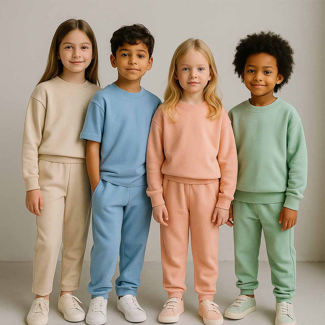 moda infantil 2026 conjuntos monocromaticos, minimalismo e tons suaves Quatro crianças brasileiras de diferentes etnias e idades estão lado a lado em um ambiente interno neutro e iluminado por luz natural suave. Elas vestem conjuntos monocromáticos coordenados em tons suaves de bege, azul-claro, pêssego e verde-menta, com cortes amplos e tecidos de moletom leve. A imagem transmite harmonia, conforto e elegância simples, representando a tendência dos conjuntos monocromáticos da moda infantil 2026.