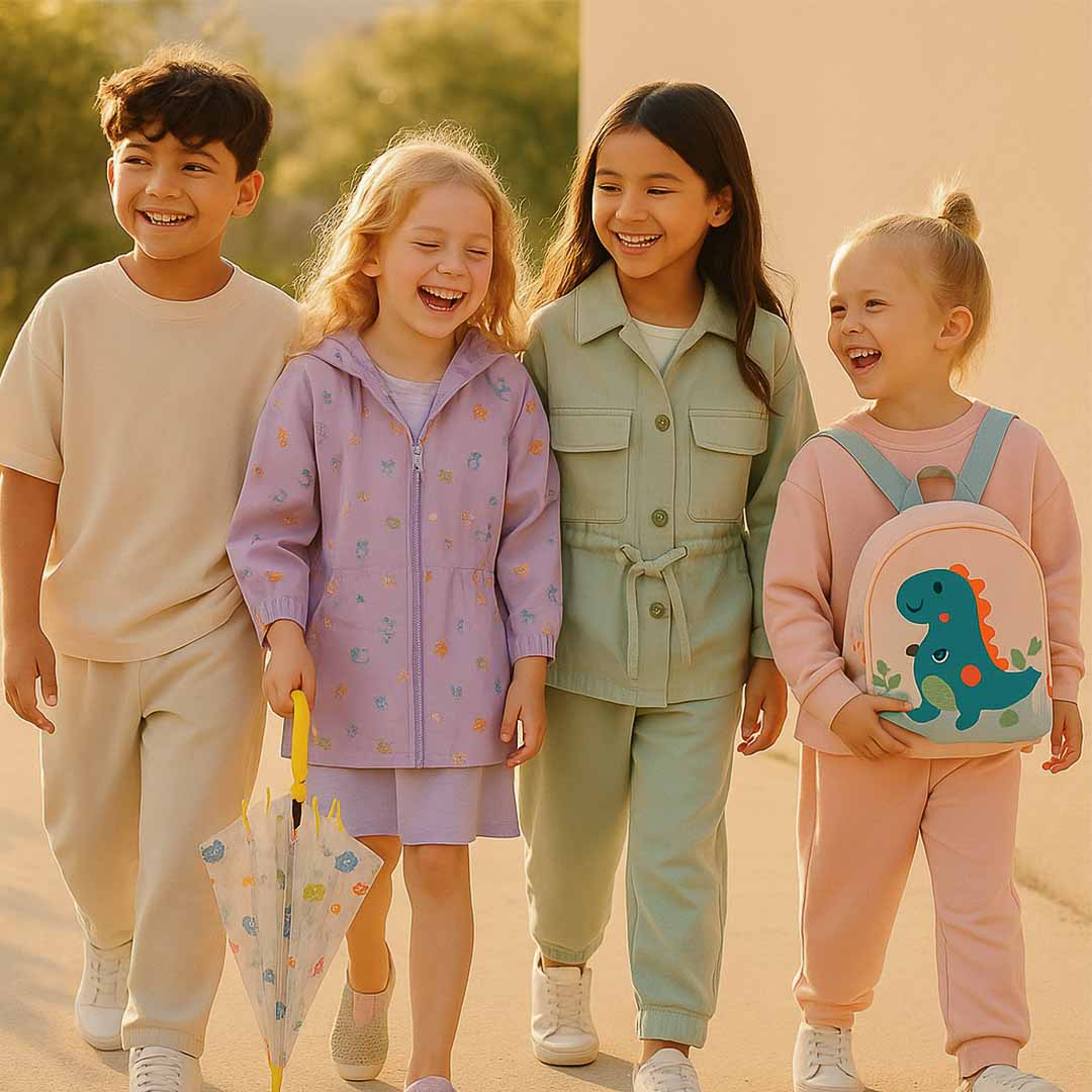 Quatro crianças brasileiras de diferentes idades e etnias vestem roupas com estampas coordenadas suaves em tons tropicais e pastel, posando alegres em ambiente externo iluminado por luz natural dourada. As peças incluem vestidos e conjuntos leves com padrões florais, frutais e geométricos sutis, representando as principais tendências da moda infantil 2026.