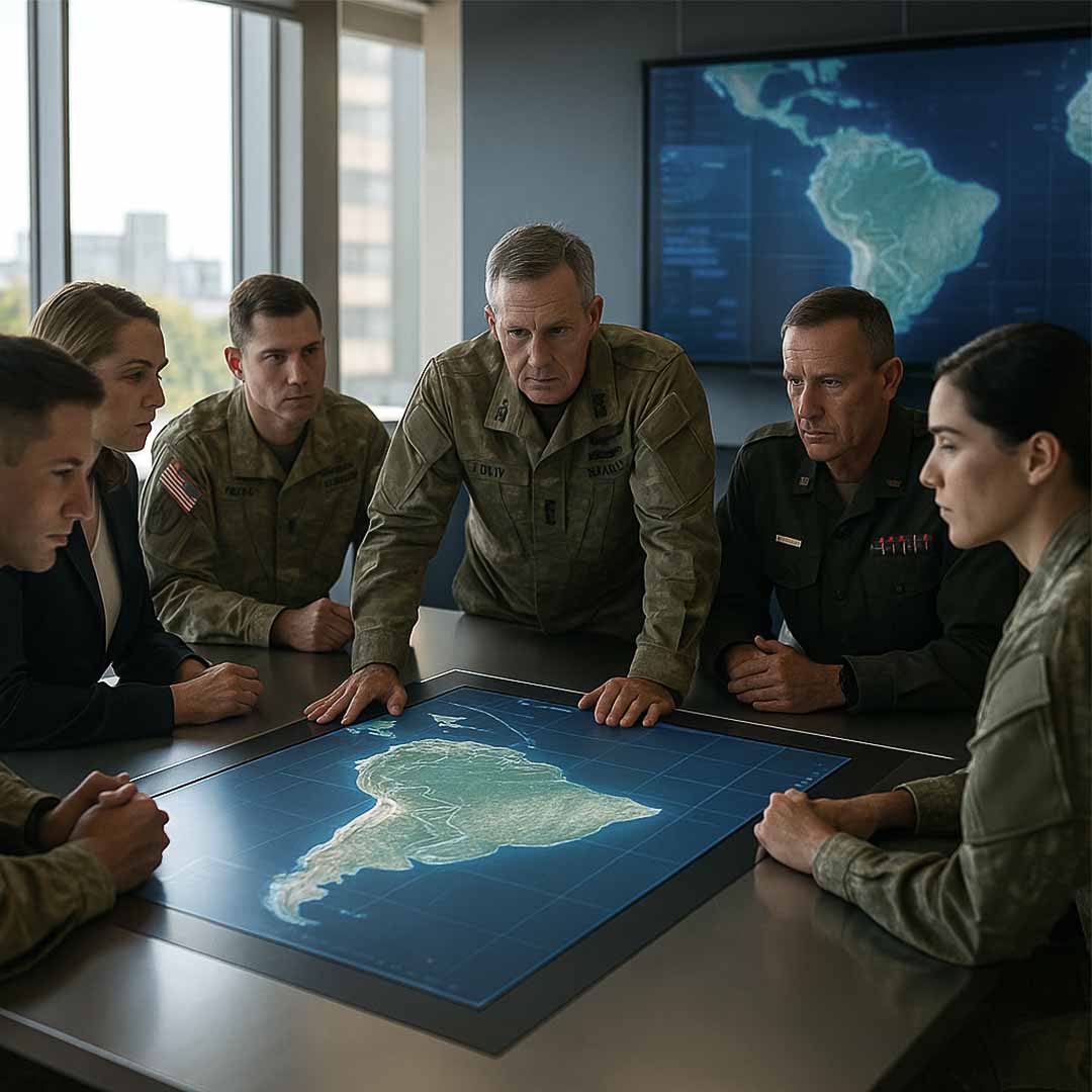 Oficiais e analistas militares norte-americanos estão reunidos em torno de uma mesa de comando em uma sala de estratégia moderna. Mapas e telas digitais exibem a América do Sul, enquanto os participantes observam e discutem planos com expressões sérias. A iluminação natural destaca o ambiente tecnológico e o clima de análise geopolítica.