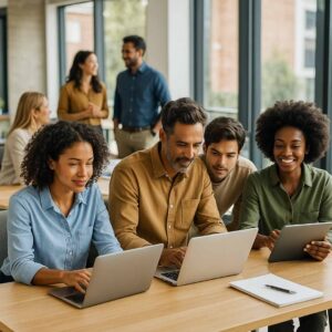 Fotografia realista mostrando brasileiros de diferentes idades e etnias em um ambiente corporativo moderno e iluminado por luz natural. Algumas pessoas trabalham em notebooks e tablets, enquanto outras conversam em grupos, transmitindo diversidade, profissionalismo e equilíbrio no trabalho de meio período no Brasil em 2026.